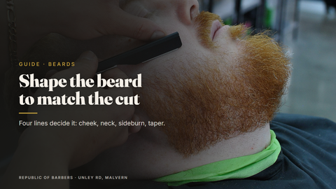 Barber shaping a beard cheek line with a straight razor at Republic Of Barbers, Unley Road, Malvern