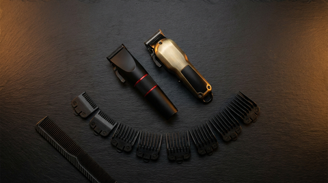 Barber clippers, graduated guard combs and a fade comb laid out at Republic Of Barbers, Unley Road — skin fade vs taper fade comparison