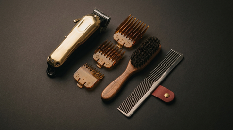 Barber clippers and fade guards flat-lay illustrating low, mid and high skin fades at Republic Of Barbers, Unley Road