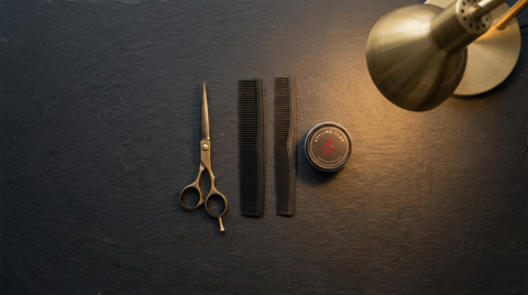 Barber styling tools flat-lay — scissors, comb and clay — at Republic Of Barbers, Unley Road