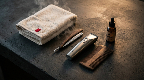 Beard trim grooming tools and hot towel at Republic Of Barbers, Unley Road, Malvern