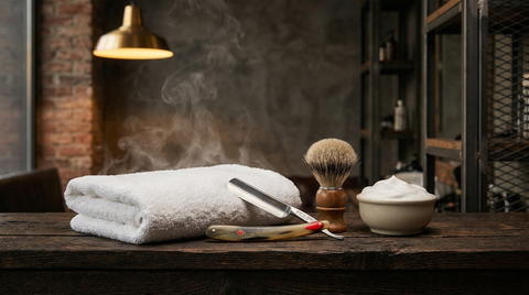 Hot towel shave tools — straight razor, hot towel and shaving brush at Republic Of Barbers, Unley Road