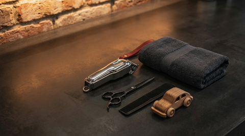 Barber tools flat-lay for kids haircuts at Republic Of Barbers, Unley Road, Malvern