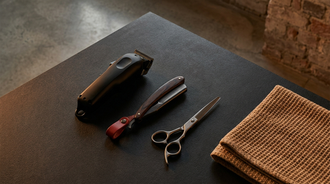 Premium barber tools flat-lay in brand charcoal and amber — barber near Goodwood at Republic Of Barbers, Unley Road, Malvern