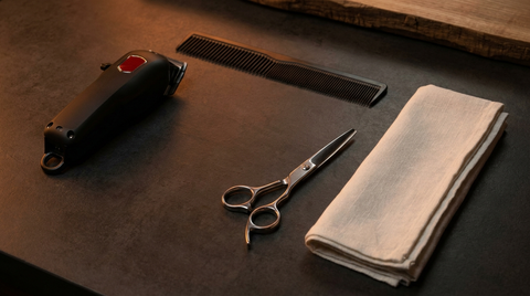 Barber tools flat lay in charcoal and amber brand styling — Republic Of Barbers, Unley Road, Malvern, serving Parkside