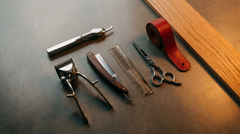 Barber tools flat-lay in brand colours for the barber near Hyde Park page at Republic Of Barbers, Unley Road, Malvern