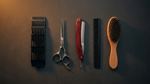 Barber clippers, guards, scissors and razor laid out to represent men's haircut types at Republic Of Barbers, Unley Road, Malvern