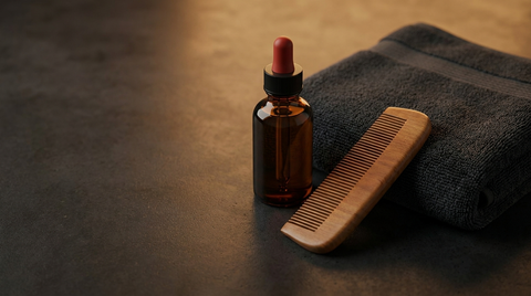 Beard oil bottle and comb on a dark surface, brand-styled graphic for the beard care guide from Republic Of Barbers, Unley Road, Malvern