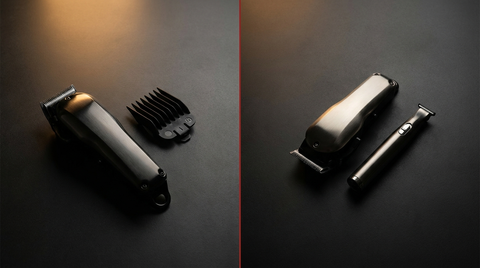 Barber clippers in a split composition on charcoal, illustrating drop fade versus burst fade at Republic Of Barbers, Unley Road, Malvern