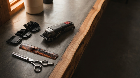 Barber clippers, guards and comb laid out for a skin fade on thick hair at Republic Of Barbers, Unley Road, Malvern