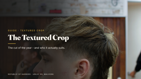 Client with a fresh textured crop haircut at Republic Of Barbers, Unley Road, Malvern